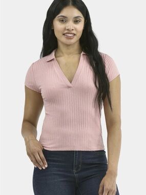 No Boundaries Light Pink Ribbed V-Neck Polo Crop Top